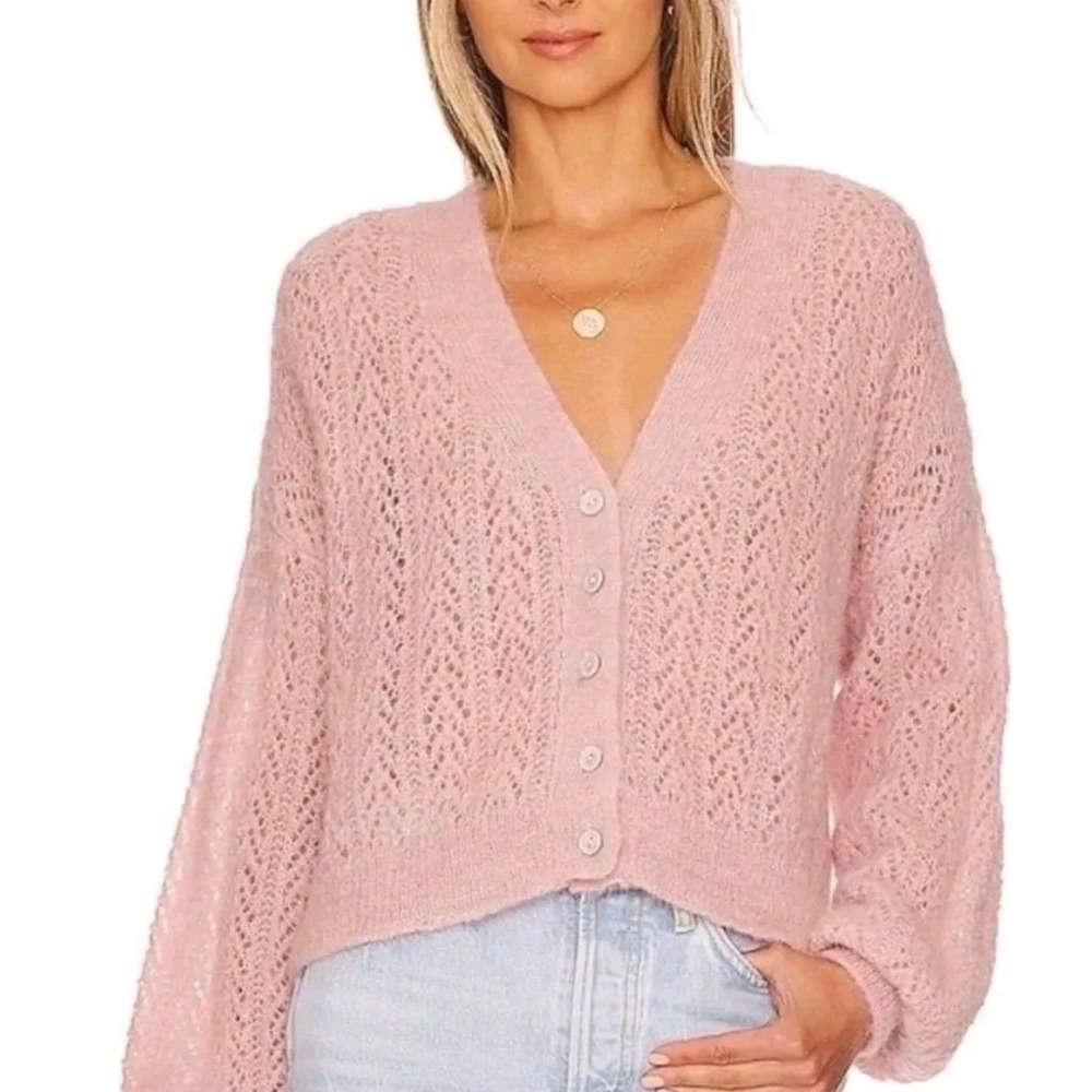 Free People Lavender Pink Open Knit Pointelle Cropped Cardigan Sweater Medium